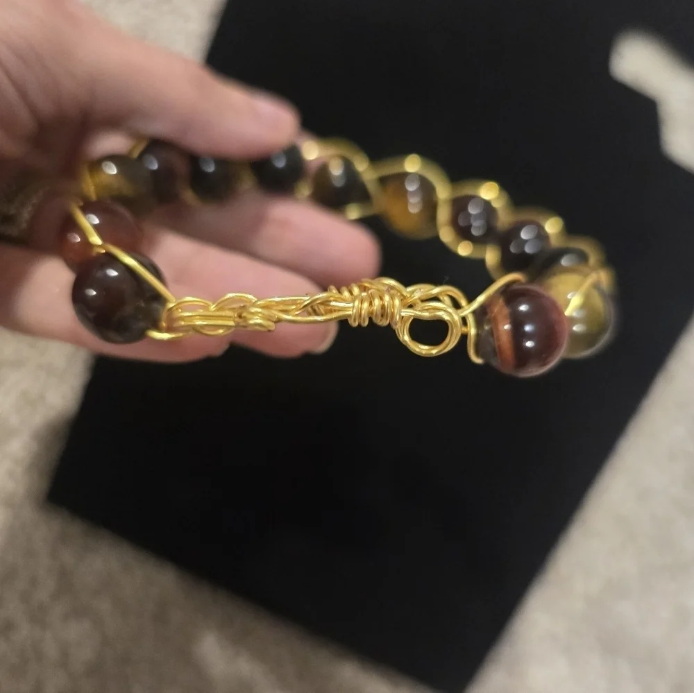 Spiritual Tiger EyeGold Wire Wrapped Stone Bracelet